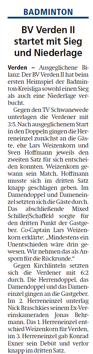 Pressebericht der Verdener Aller-Zeitung - Spieltag 2 vom 08.10.2025